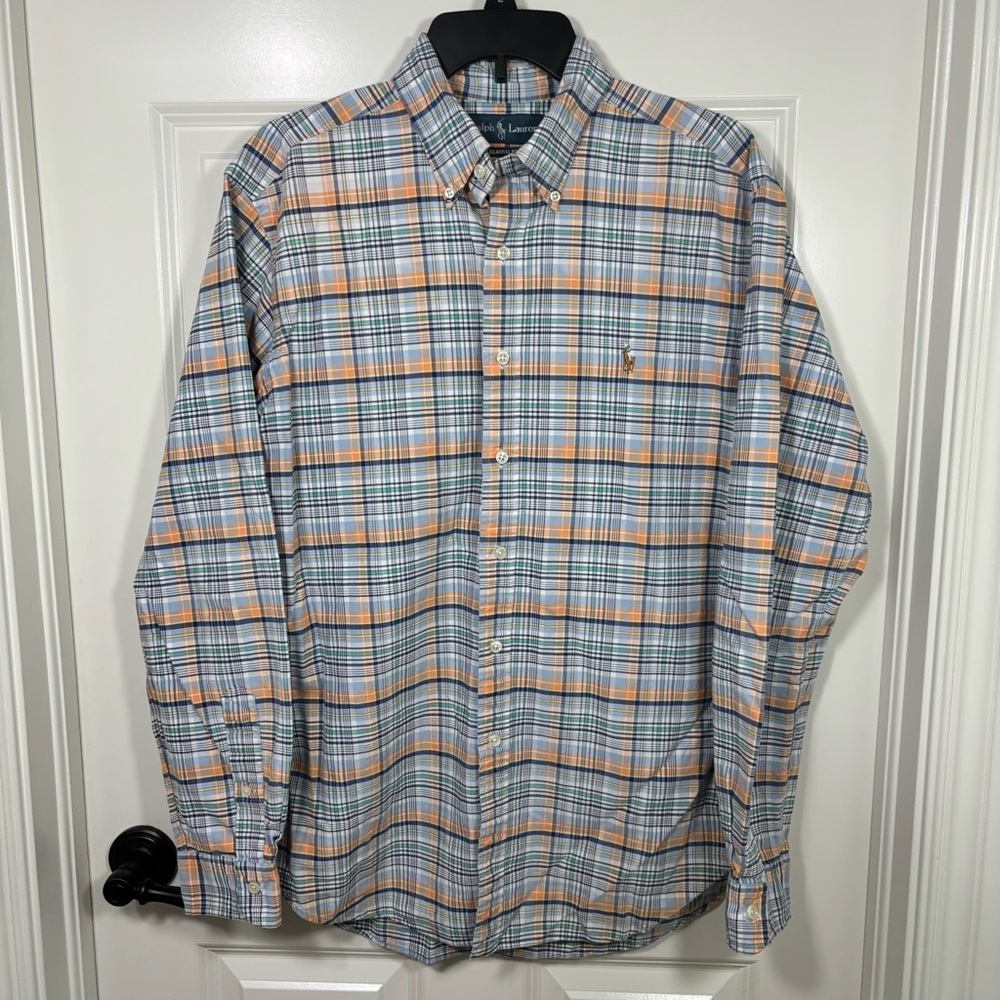 Ralph Lauren Long Sleeve Button Down Cotton Shirt Men’s L Blue Plaid